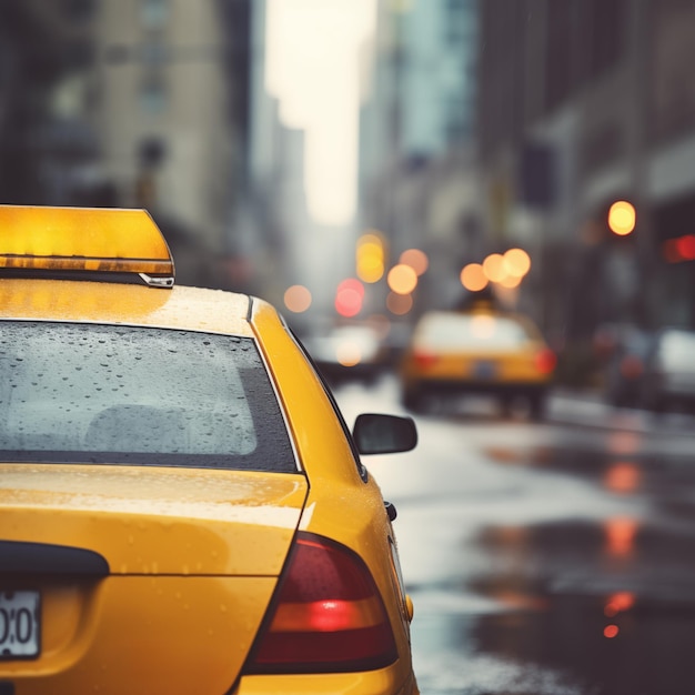 Vista cortada de cerca desde atrás en un taxi conduciendo bajo la lluvia entre las calles de la ciudad Automóvil amarillo movimiento en el centro de la ciudad IA generativa