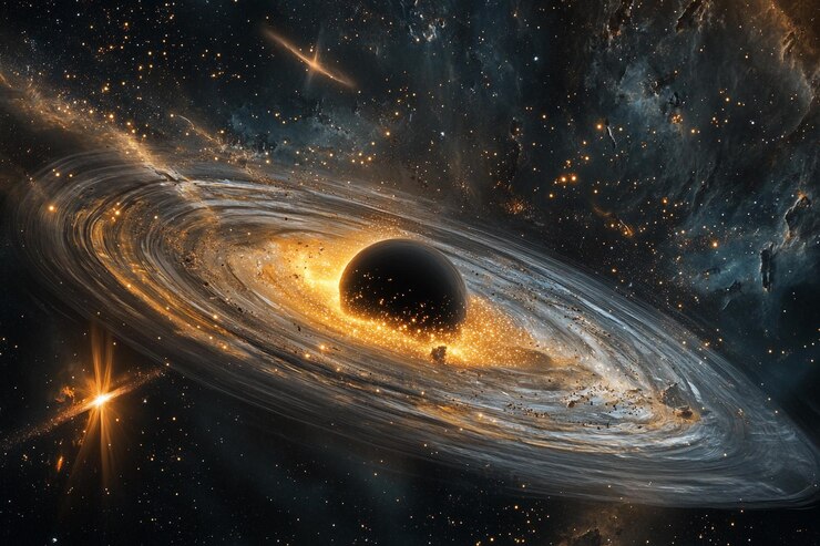 Vista cósmica de un agujero negro rodeado de galaxias espirales brillantes y estrellas brillantes