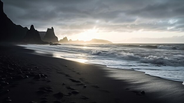 Vista de la costa de arena oscura Olas del mar Atlántico en Islandia Generado por IA