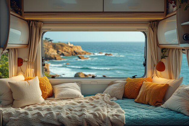Foto vista de la costa desde el interior de una cómoda caravana