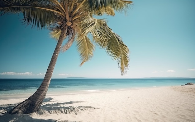 Vista de la costa con océano azul o arena blanca del mar y palmera