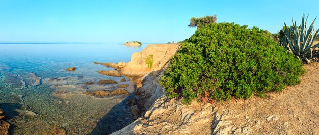 Vista de la costa rocosa del Mar Egeo por la mañana con un gran arbusto y una planta de agave Nikiti Sithonia Halkidiki Grecia Panorama de dos tomas