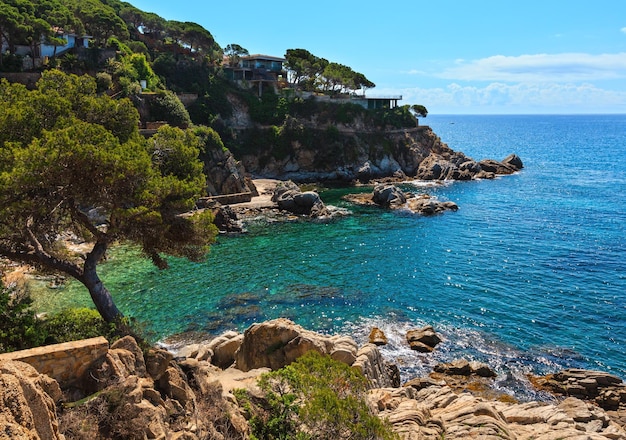 Vista de la costa rocosa del mar de verano con coníferas y destellos soleados en la superficie del agua (Cataluña, España).