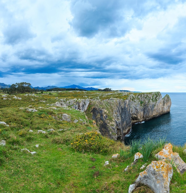Vista de la costa rocosa del verano del Golfo de Vizcaya, España, Asturias, cerca de Camango. Imagen de puntada de dos disparos.