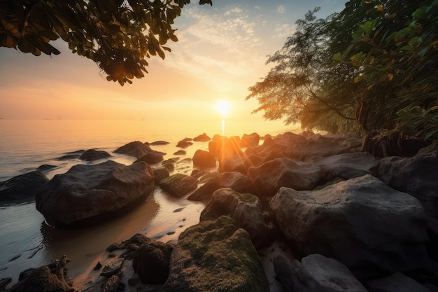 Vista costera con amanecer que muestra la belleza de la naturaleza creada con ai generativa