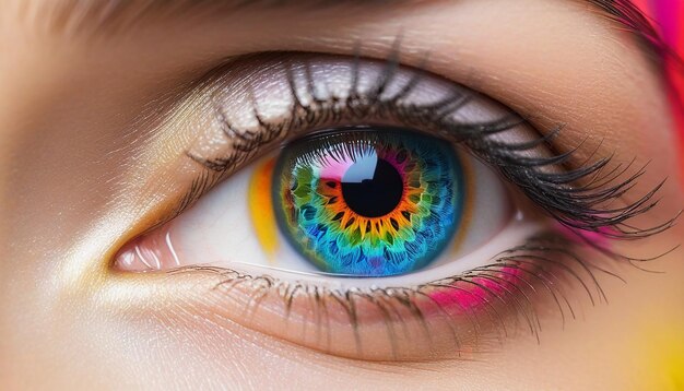 Vista de la creatividad multicolor en AI generativa de ojo humano de cerca