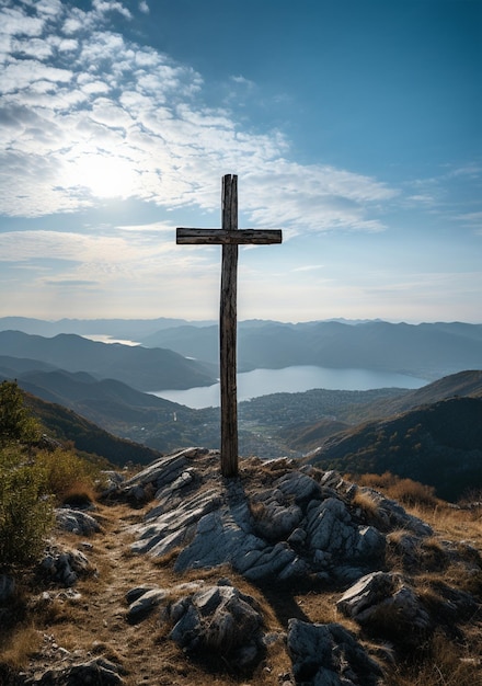 Vista de cruz religiosa con cielo y nubes.