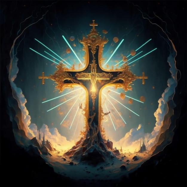 Vista de la cruz religiosa con luz brillante cruz de Jesús