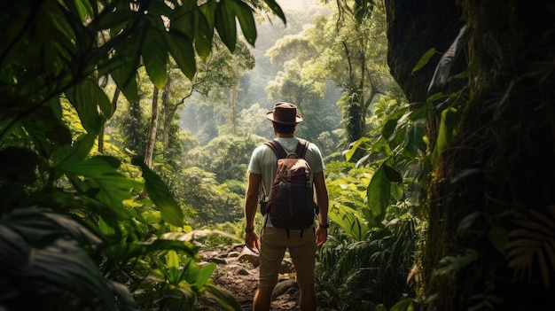 Vista de cuerpo completo del excursionista masculino desde atrás de pie en la selva