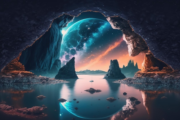 Vista desde la cueva hasta el cielo estrelladoHermosa ilustración mágica fantástica Misteriosa magia AI