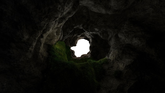 Vista desde la cueva profunda con agujero de hierba en la puesta de sol de montaña rocosa 3d render