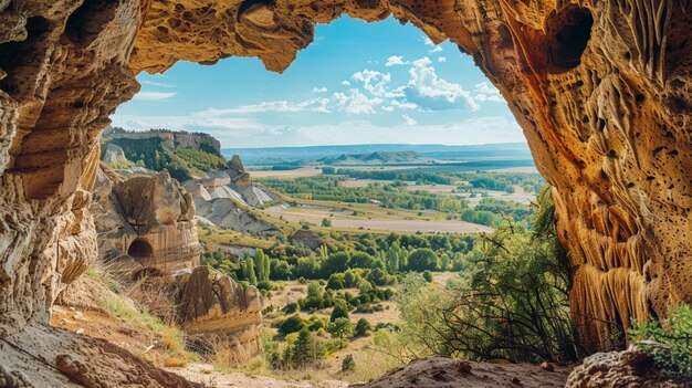 Foto una vista de una cueva con una vista del valle