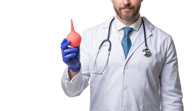 Vista de cultivo de hombre médico Médico gastroenterólogo con enema en guantes clínicos Procedimiento médico