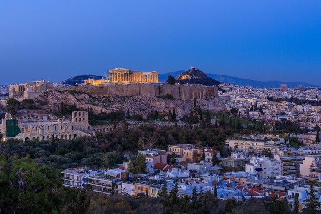 Vista da Acrópole ao pôr do sol Atenas Grécia