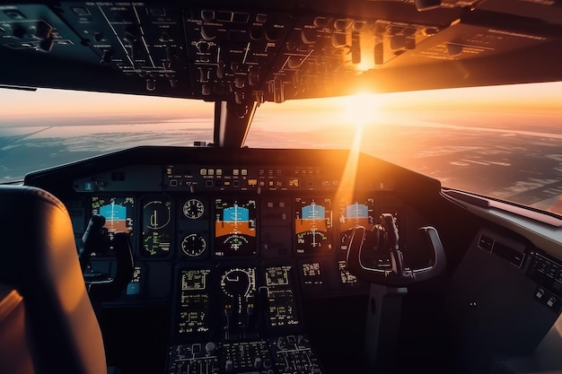 Vista da cabine do avião moderno em voo durante o sol AI