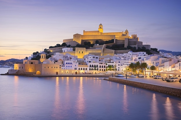 Vista da Catedral e de Dalt Vila a partir do porto ao anoitecer Patrimônio Mundial da UNESCO Cidade de Ibiza Eivissa Ilhas Baleares Espanha Europa Mediterrânea