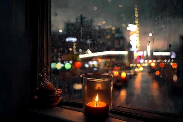 Vista da cidade à noite chuvosa da janela, reflexo da luz da vela, gotas de chuva no vidro, tráfego de automóveis