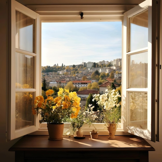 Vista da cidade a partir de janelas com flores