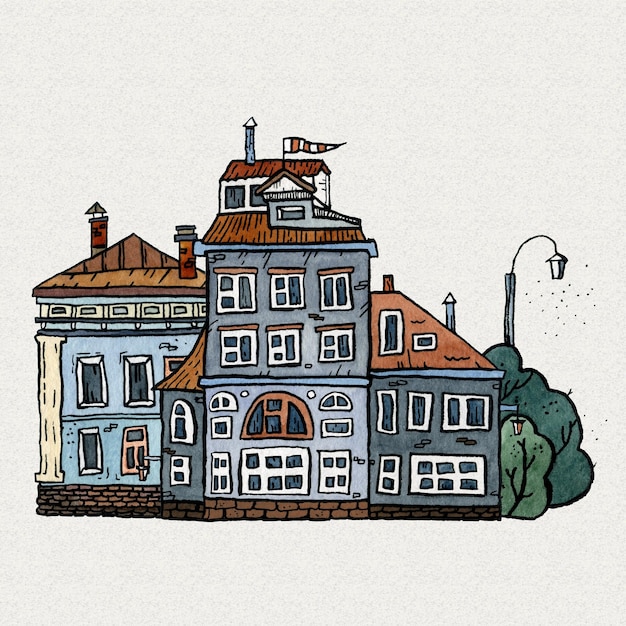 Vista da cidade cidade velha ilustração em aquarela desenhada à mão Paisagem da cidade velha com torre casas árvores Esboço de linha de tinta grunge para cartão turístico vintage cartaz cartão postal panfleto banner Vista da cidade pequena