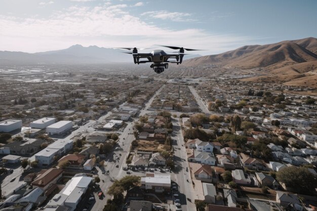 Vista da cidade com drone voando acima e capturando vistas aéreas criadas com AI gerativa