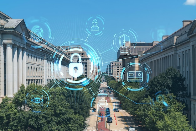 Vista da cidade de edifícios icônicos em Washington DC EUA Centro político dos Estados Unidos da América O conceito de segurança cibernética para proteger o holograma de cadeado de informações confidenciais