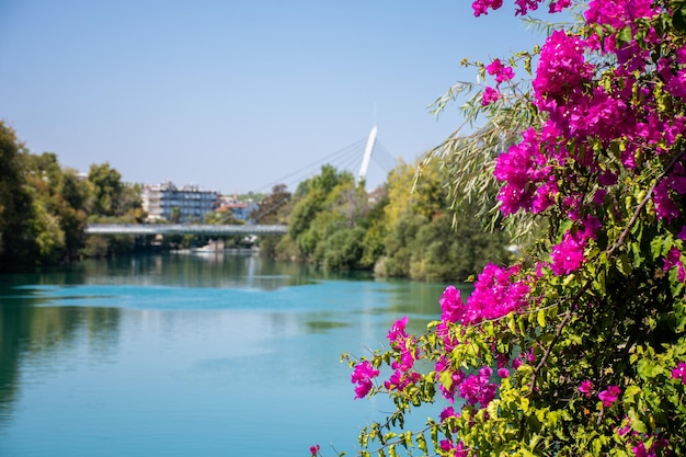 Vista da cidade do rio Manavgat no backgropund Bela paisagem fluvial