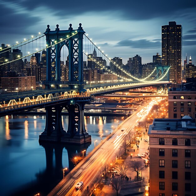 Foto vista da cobertura moderna na ponte de manhattan é uma ponte sobre o east river à noite em nova york