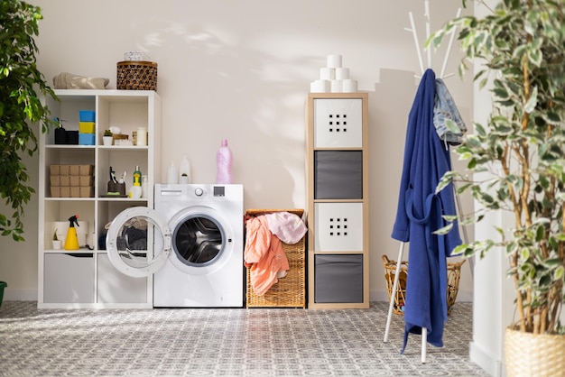 Vista da cômoda da lavanderia em casa com toalhas de detergente em pó máquina de lavar aberta com tambor vazio