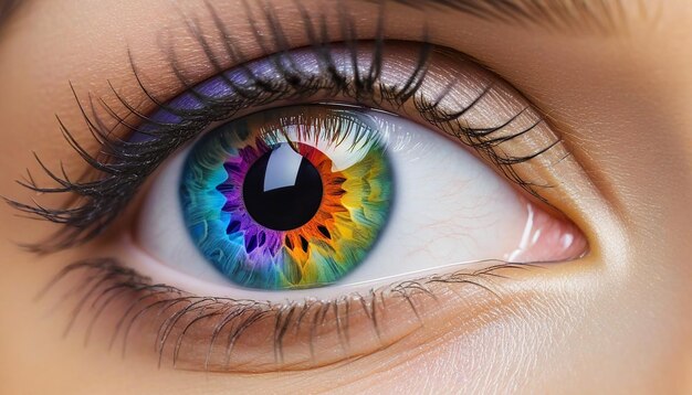 Vista da criatividade multicolorida em close-up do olho humano generativa AI