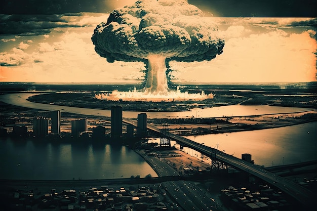 Foto vista da explosão nuclear do céu com arranha-céus e pontes claramente visíveis