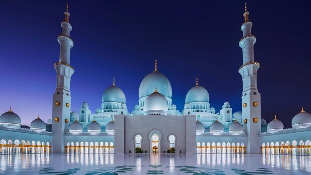 Foto vista da famosa mesquita branca do xeque zayed em abu dhabi, uae, à noite