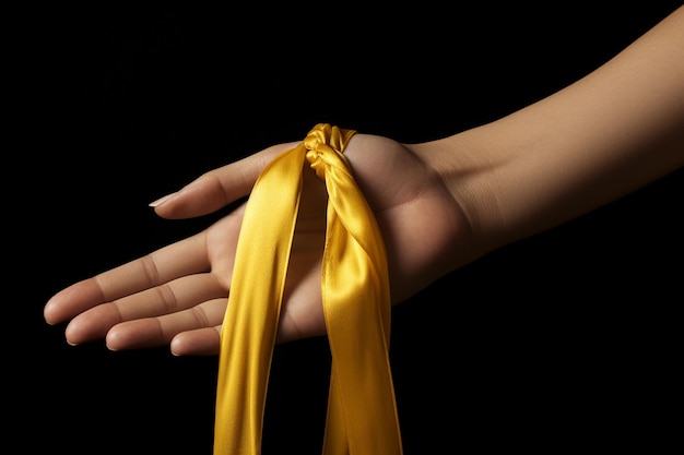 vista da fita amarela com mãos humanas em fundo escuro