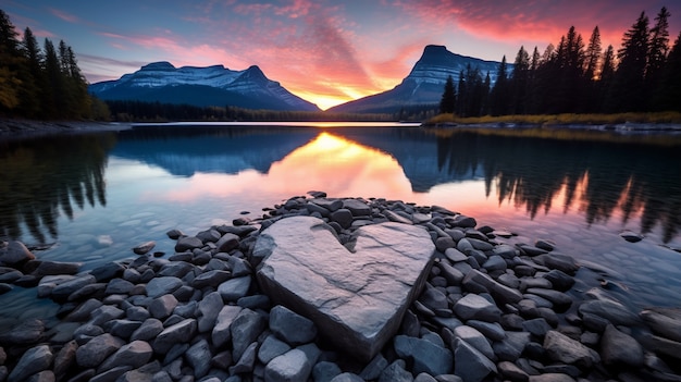 Foto vista da forma do coração com montanhas e paisagem do lago