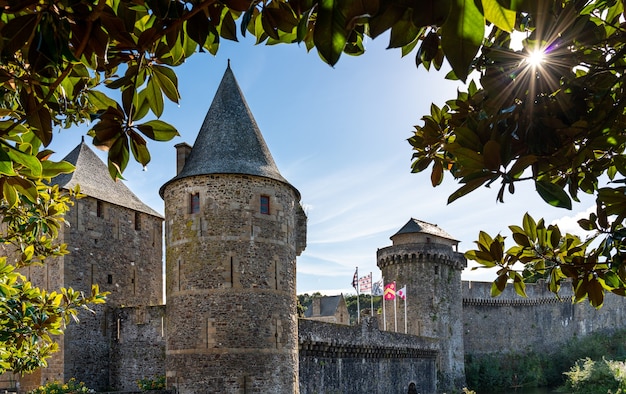 Vista da fortaleza de Fougeres, na França, emoldurada com folhas de árvores.