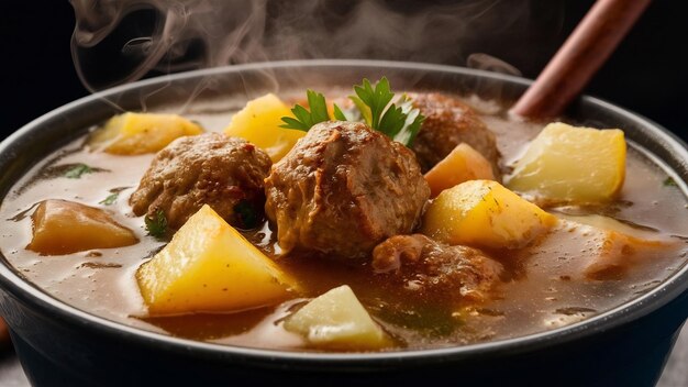 Foto vista da frente sopa deliciosa com almôndegas e batatas em fundo escuro