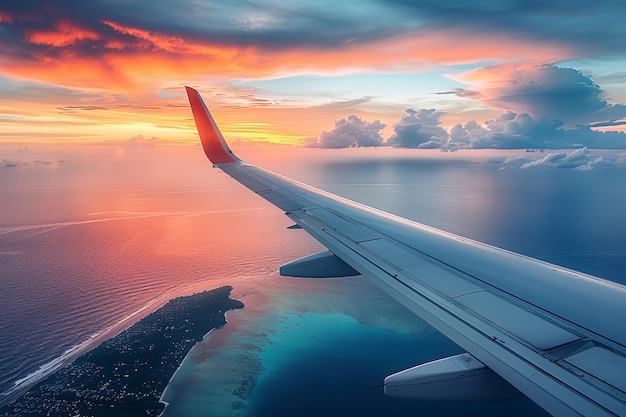 Vista da janela ao entardecer, uma asa de avião voando sobre ilhas tropicais no oceano IA generativa