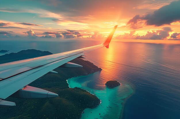 Vista da janela ao entardecer, uma asa de avião voando sobre ilhas tropicais no oceano IA generativa