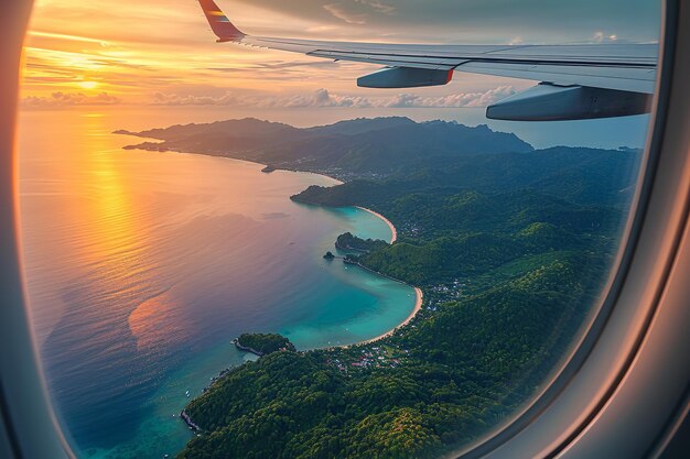 Vista da janela ao entardecer, uma asa de avião voando sobre ilhas tropicais no oceano IA generativa