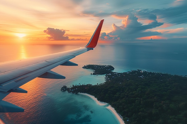 Vista da janela ao entardecer, uma asa de avião voando sobre ilhas tropicais no oceano IA generativa