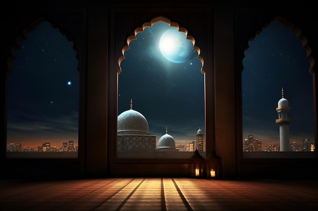 Vista da janela da mesquita e a lua cheia