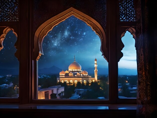 Vista da janela da mesquita muçulmana na noite de Ramadan Kareem