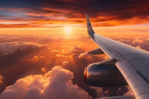 Vista da janela de um avião em um pôr do sol