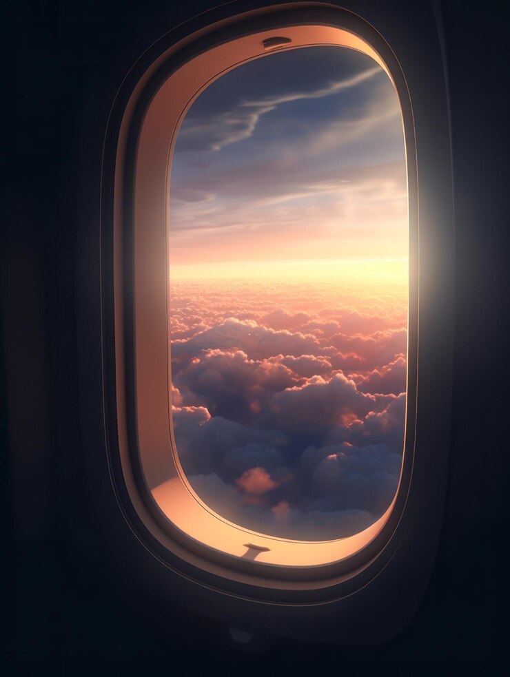 Vista da janela do avião nas nuvens ao pôr do sol Generative ai