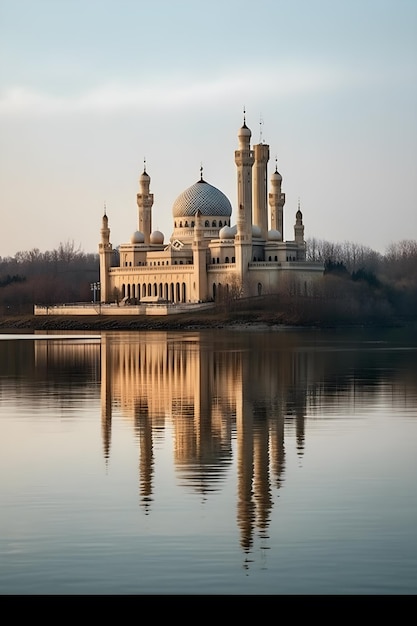 Vista da magnífica mesquita da beira do lago generative ai