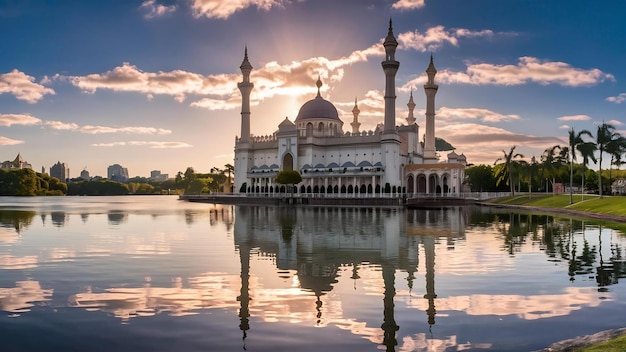 Vista da mesquita putra com o lago putrajaya