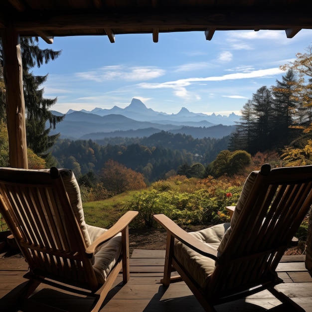 Foto vista da montanha a partir de um aconchegante retiro de cabana de madeira