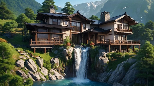 Vista da montanha com cachoeira e casa