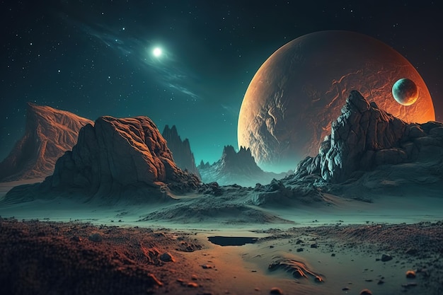 Vista da paisagem cósmica do espaço e planetas montanhas cósmicas sob a luz da luaGenerative AI
