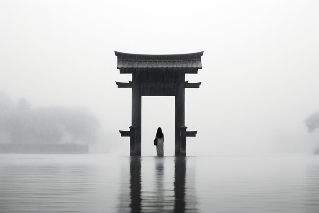 Foto vista da paisagem de um lago nebuloso e nebuloso em hangzhou