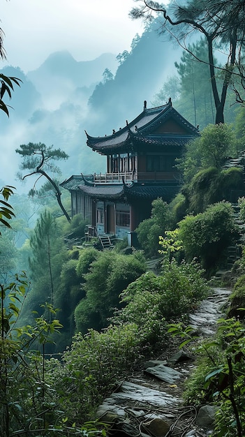 Vista da paisagem de um templo tradicional chinês nas montanhas